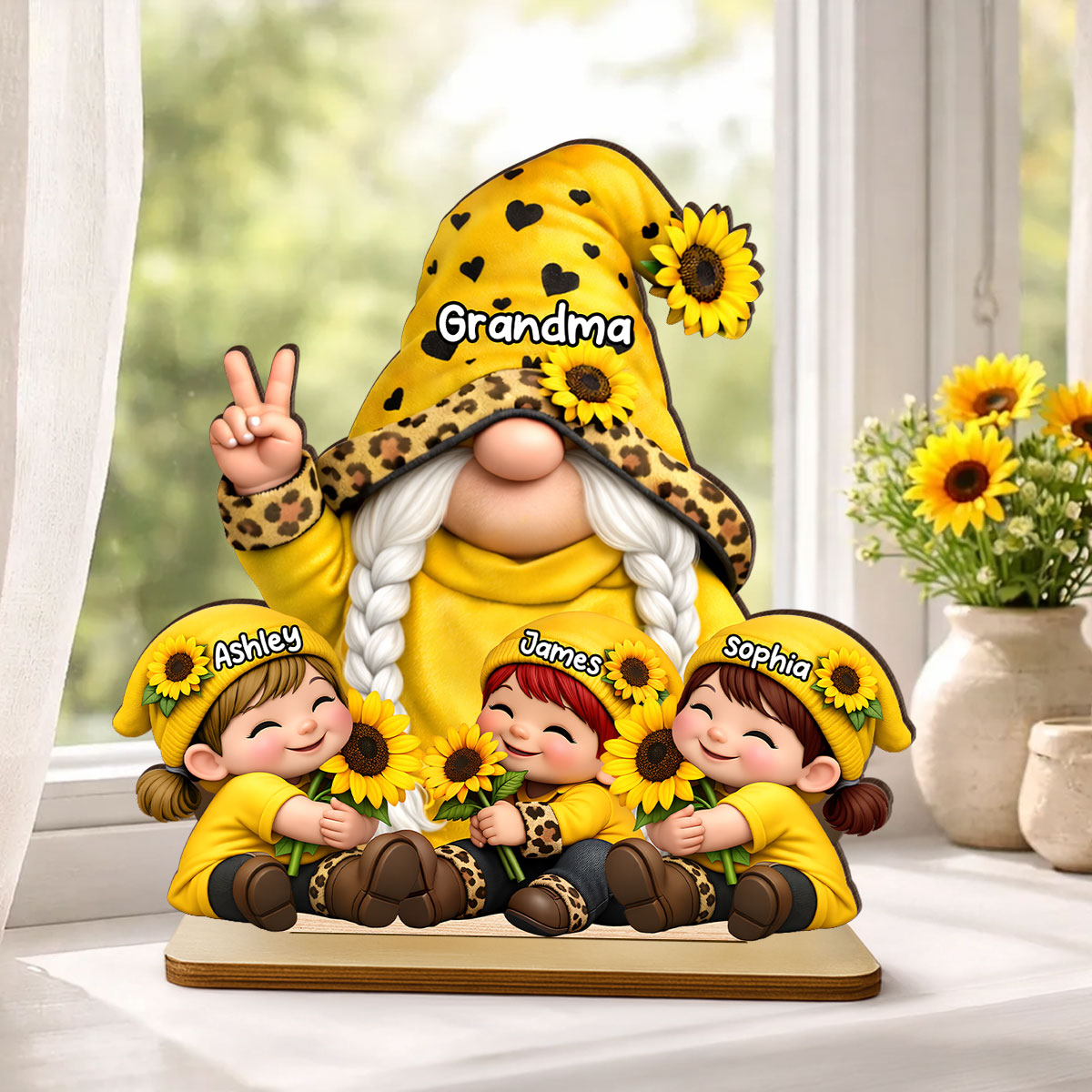 Gnome Grandma & Grandkids Sunflower - Personalized 2-Layered Wooden Plaque - Sentimental Mother's Day Gift for Grandma