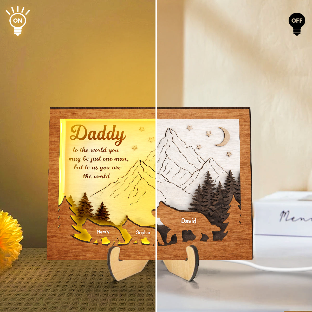 Daddy to Us You Are the World - Personalized 2-Layered Wooden Plaque LED Night Light - Sentimental Gift for Dad, Husband