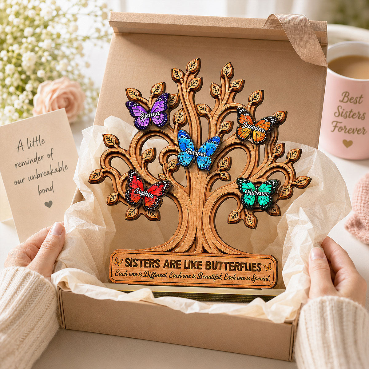 Sisters Besties Are Like Butterflies 2D Flat - Personalized Wooden Plaque - Gift For Besties, Sisters