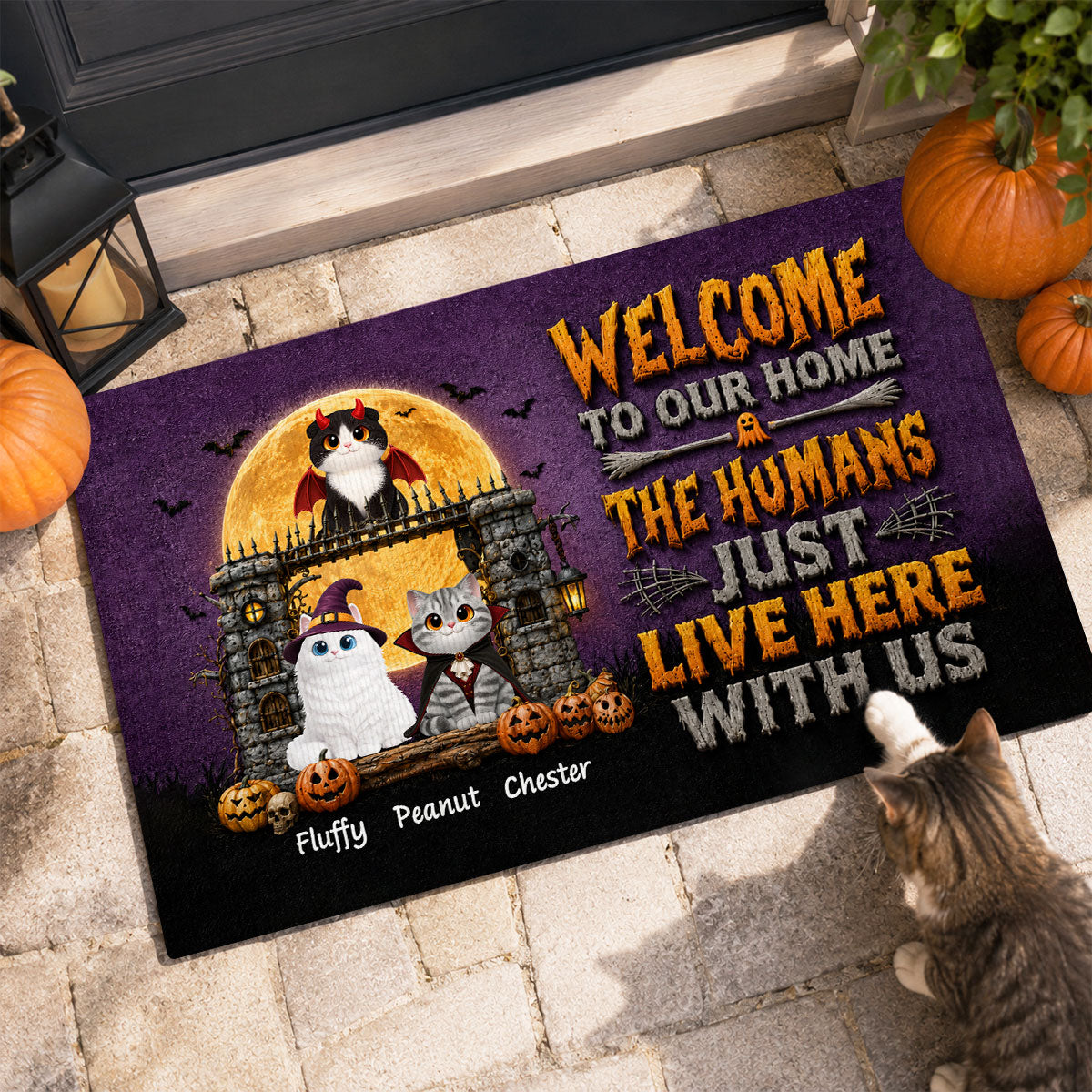 The Humans Just Live Here With Us - Personalized Doormat - Halloween Decor Gift, Gift For Cat Lovers