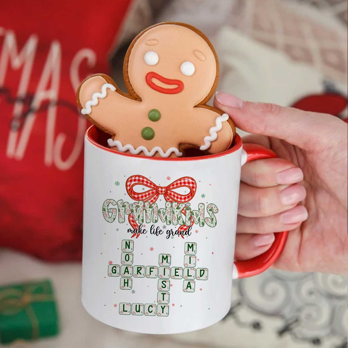 Grandkids Make Life Grand Coquette Floral Christmas Pattern Crossword Puzzle Art - Personalized Mug