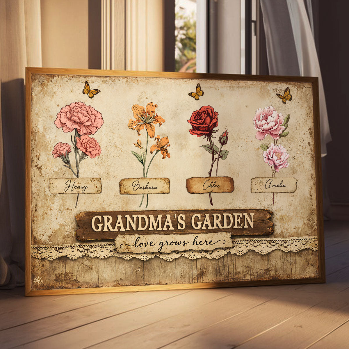 Retro Vintage Lace Pattern Grandma's Garden Birth Month Flowers - Personalized Poster - Mother's Day Gift For Grandma, Mom