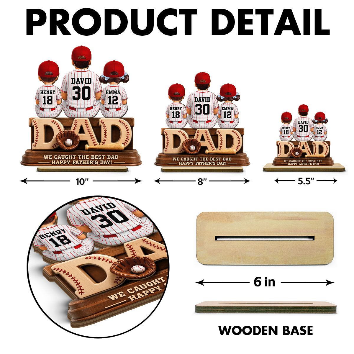 We Caught the Best Baseball Dad, Dad & Kids Back View - Personalized 2-Layered Wooden Plaque -  Gift for Dad, Husband