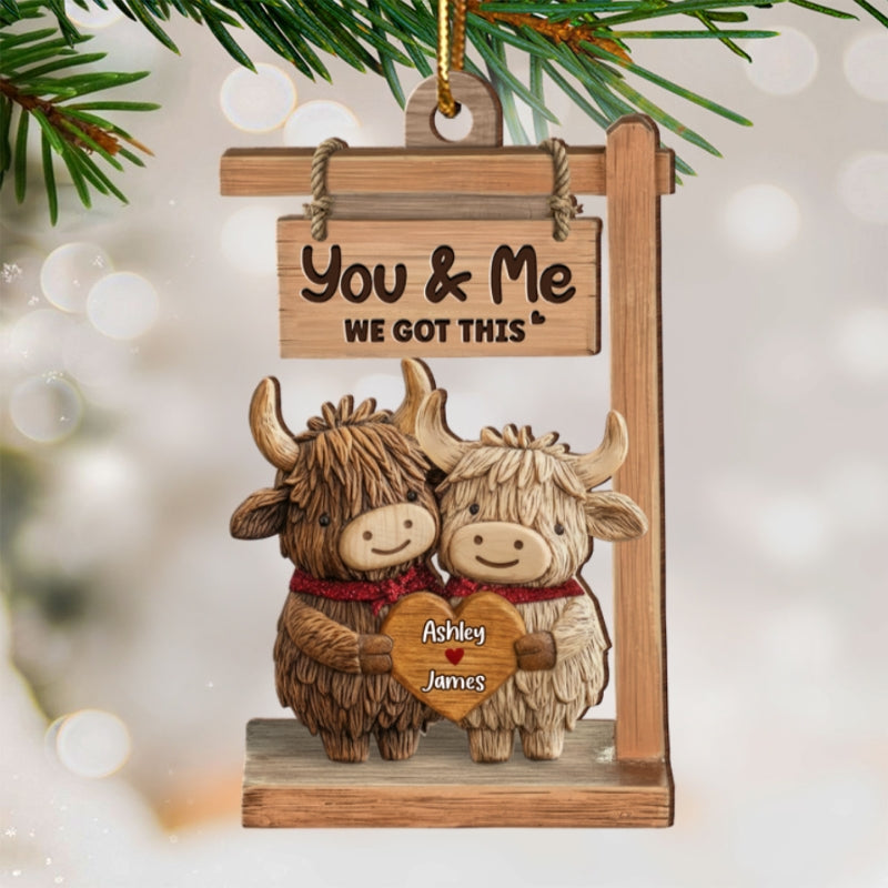 3D Effect Highland Cows Couple - Personalized Wooden Ornament - Gift For Him, Gift For Her