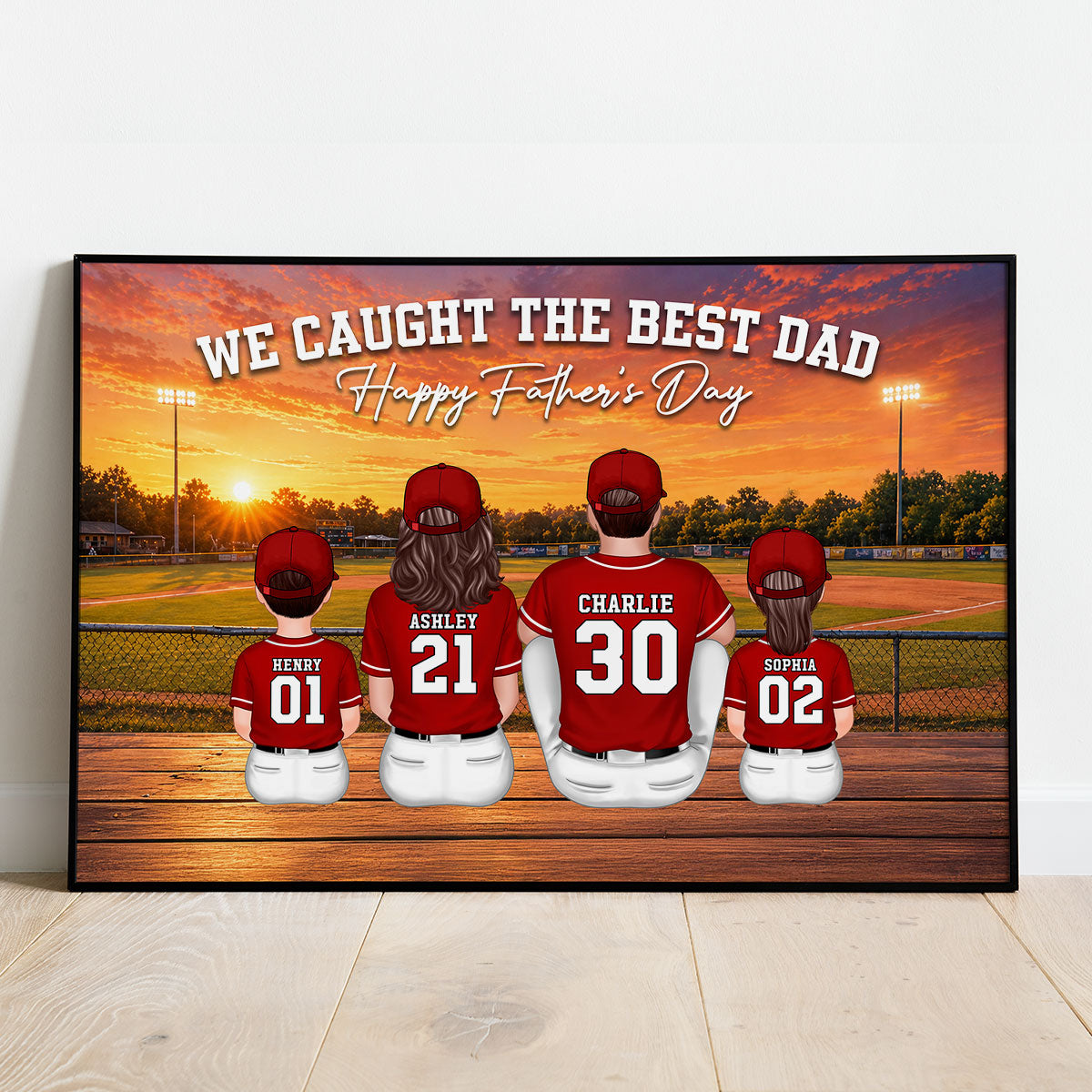 Baseball Bleachers Sunset We Caught The Best Dad - Personalized Poster - Father's Day Gift For Baseball Dad, Husband