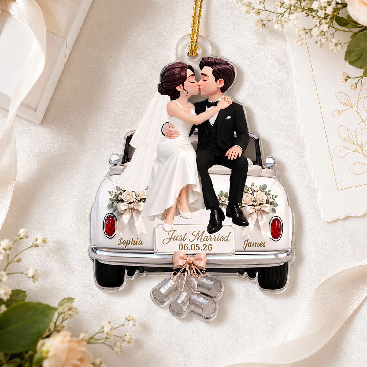 Groom Bride Sitting On Wedding Car 2D Flat - Personalized Acrylic Ornament - Wedding Keepsake