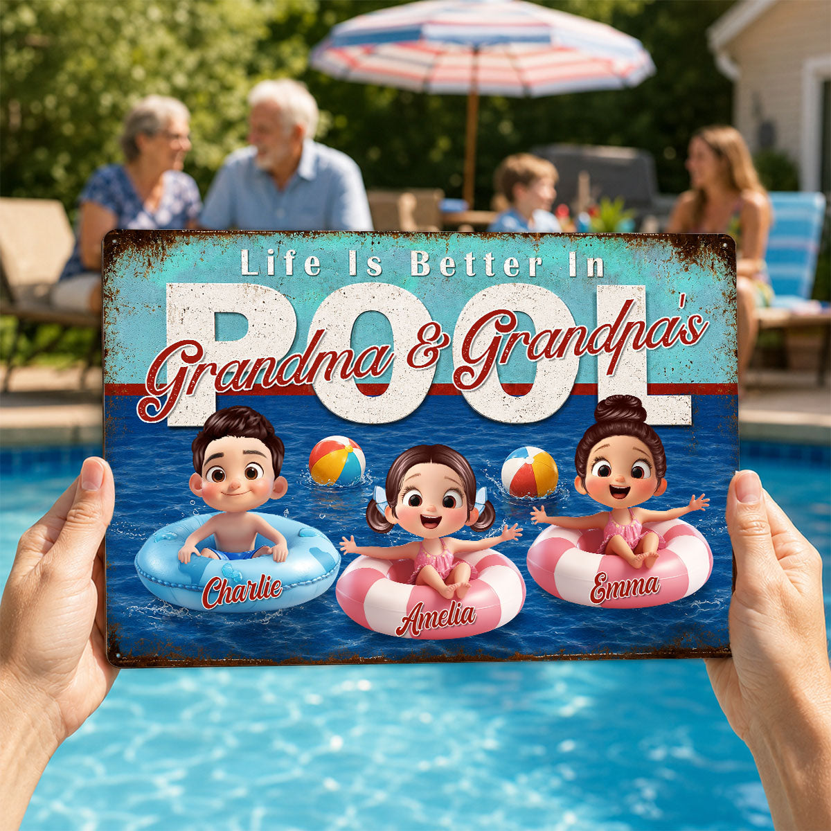 Life is Better in Grandma Grandpa's Pool - Personalized Metal Sign - Summer Decor Gift for Grandma, Grandparents