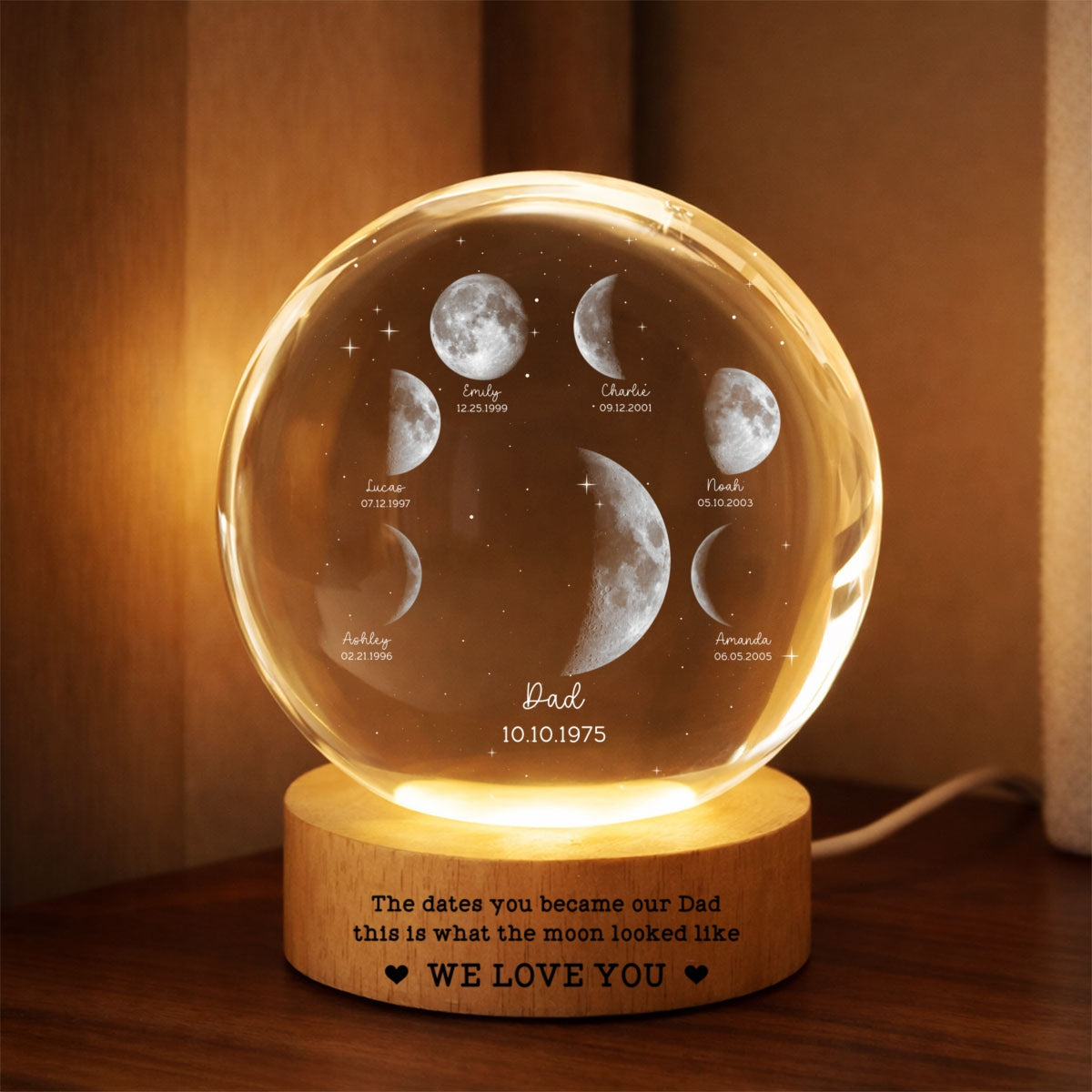 The Date You Became Our Dad - Personalized Crystal Ball LED Night Light - Custom Moon Phase by Date,  Gift for Dad, Husband