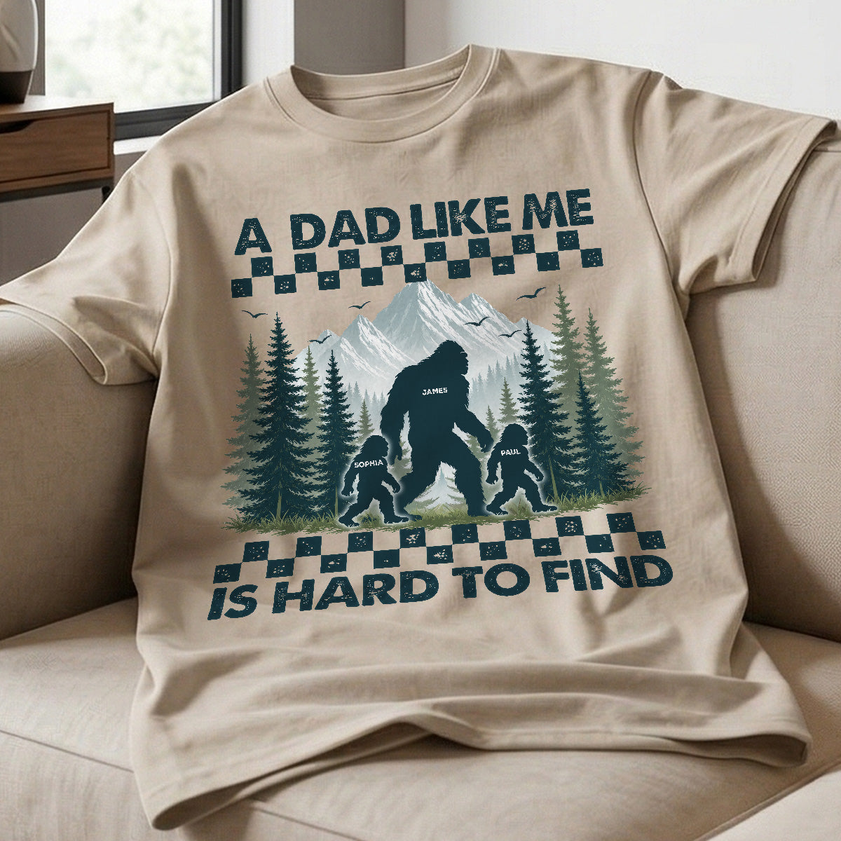 Retro Funny Bigfoot Dad With Kids Names - Personalized Shirt - Father's Day Gift for Dad