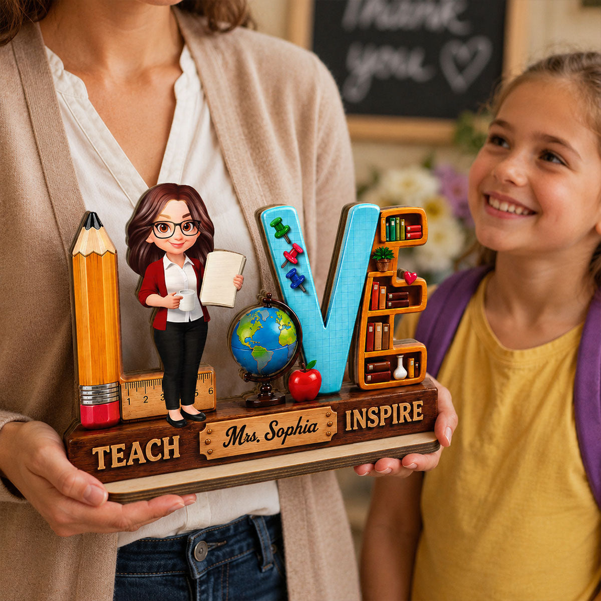 Teach Love Inspired Teacher 2D Flat - Personalized Wooden Desk Plaque