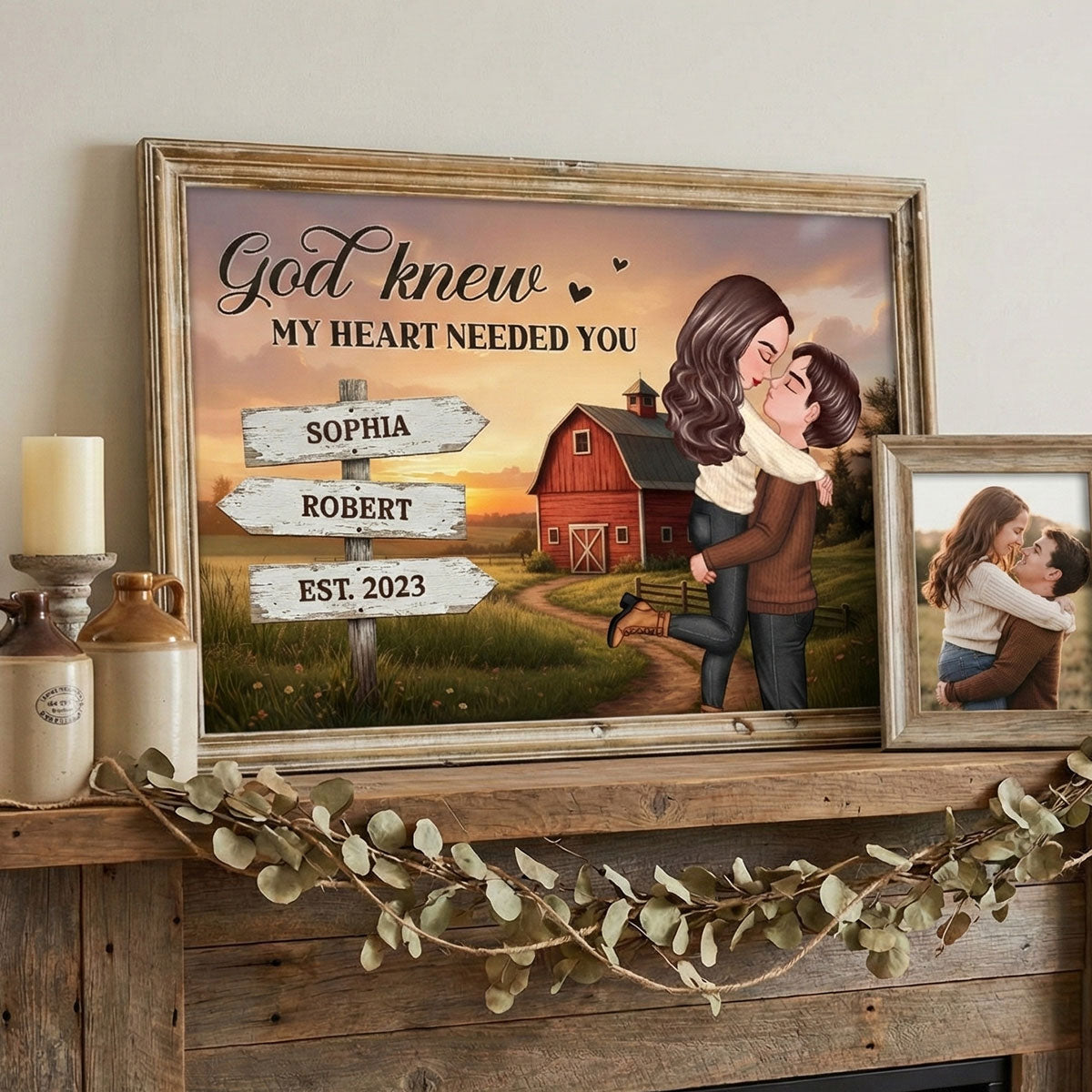 Rustic Nostalgia Red Barn House Sign Posts Couple Hugging Kissing Farmhouse Decor - Personalized Poster - Heartfelt Valentine, Anniversary Gift For Him, For Her