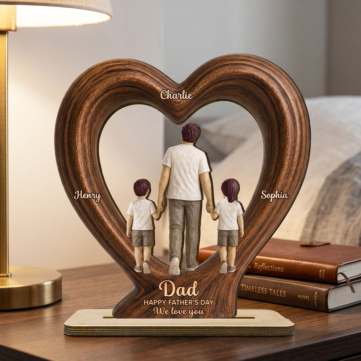 Sentimental Rustic Dad And Kids Walking In Heart 2D Flat - Personalized 2-Layered Wooden Plaque -  Gift For Dad, Husband