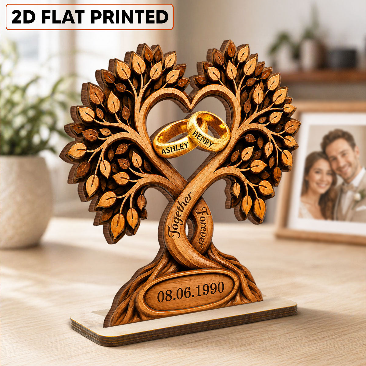Forever Love Couple Rings In Tree Canopy - Personalized 2-Layered Wooden Plaque - Anniversary Gift, Wedding Gift For Couple