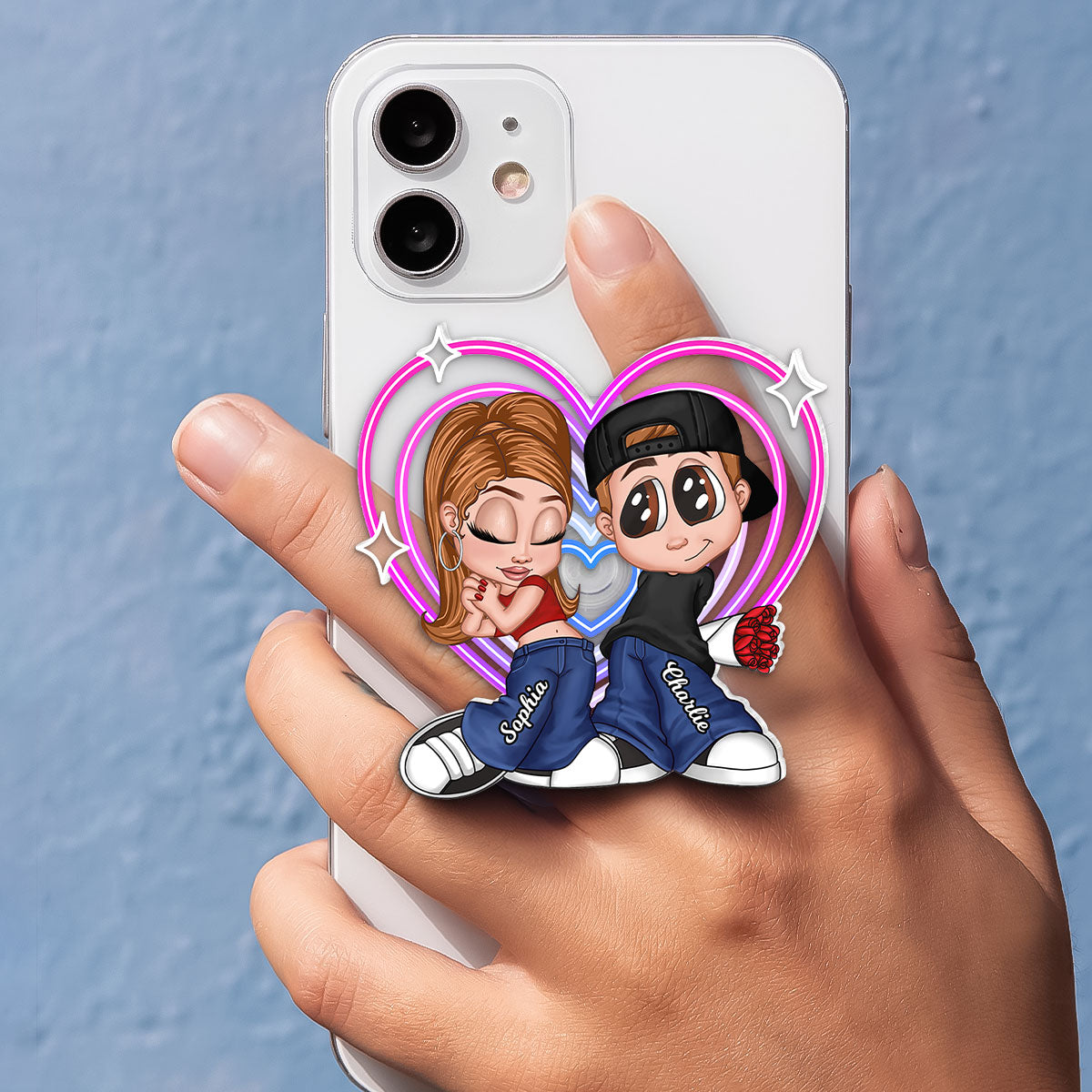 Y2K Couple Retro Heart - Personalized Acrylic Magnetic Phone Grip - Gift for him, for her, Matching Phone Grips for Couple
