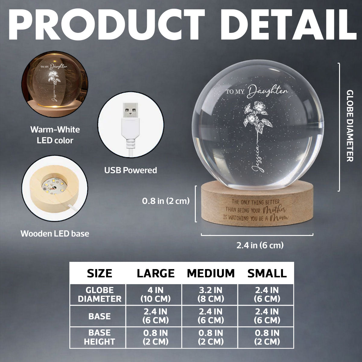 Watching You Be a Mom - Personalized Crystal Ball LED Night Light - Mother's Day Gift for Daughter
