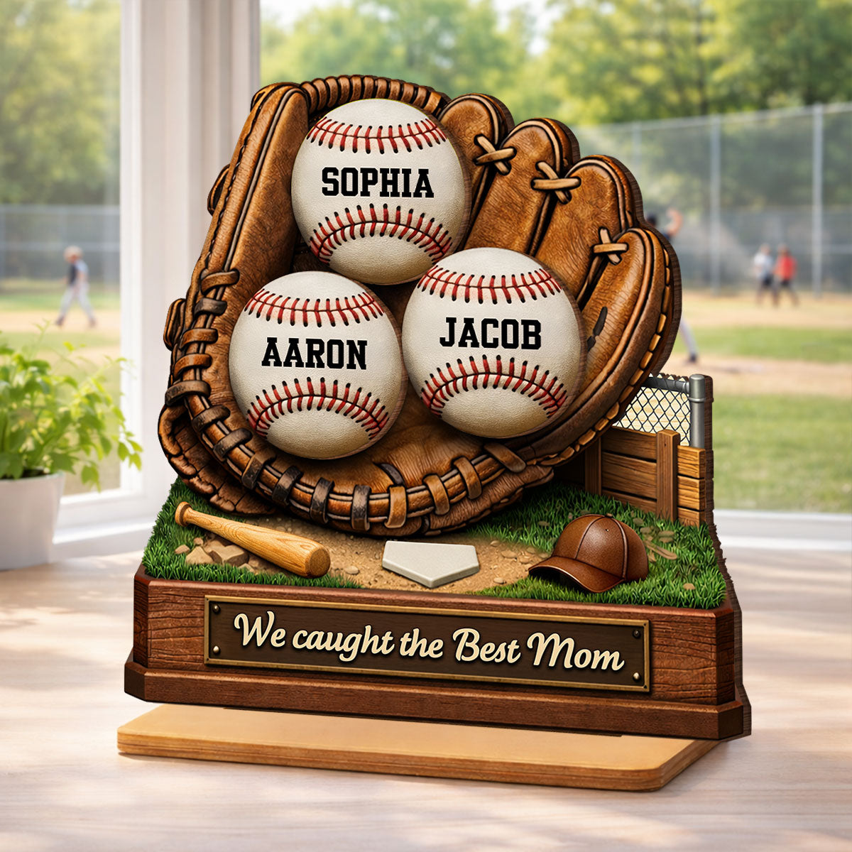 We Caught the Best Mom Baseball - Personalized 2-Layered Wooden Plaque - Sentimental Gift for Mom