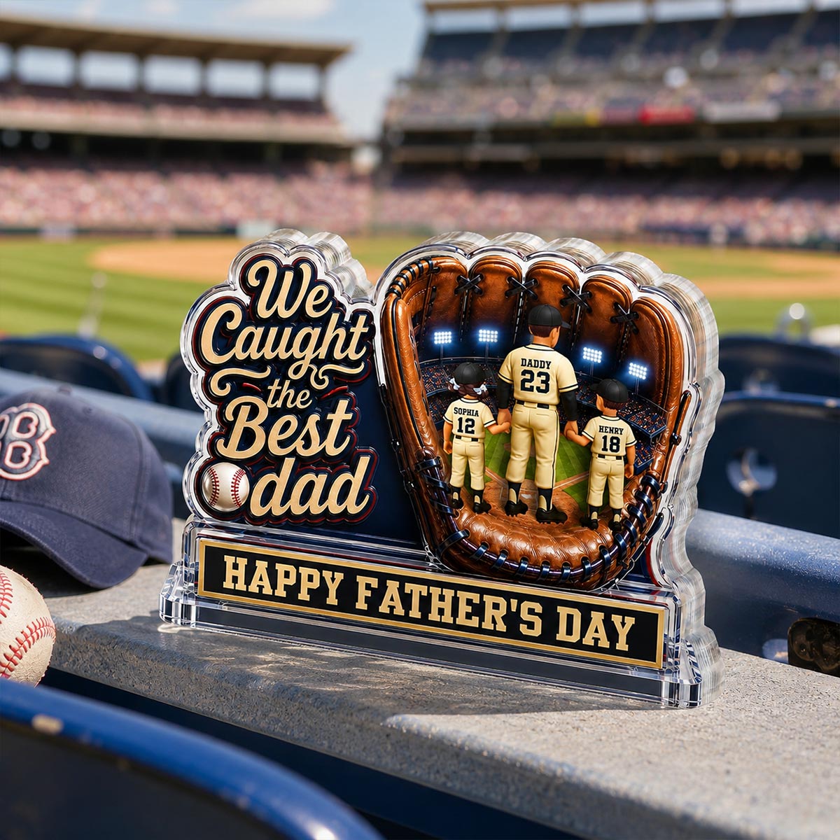 We Caught The Best Dad Dad & Kids In Glove 2D Flat - Personalized Acrylic Block Plaque - Happy  For Baseball Dad