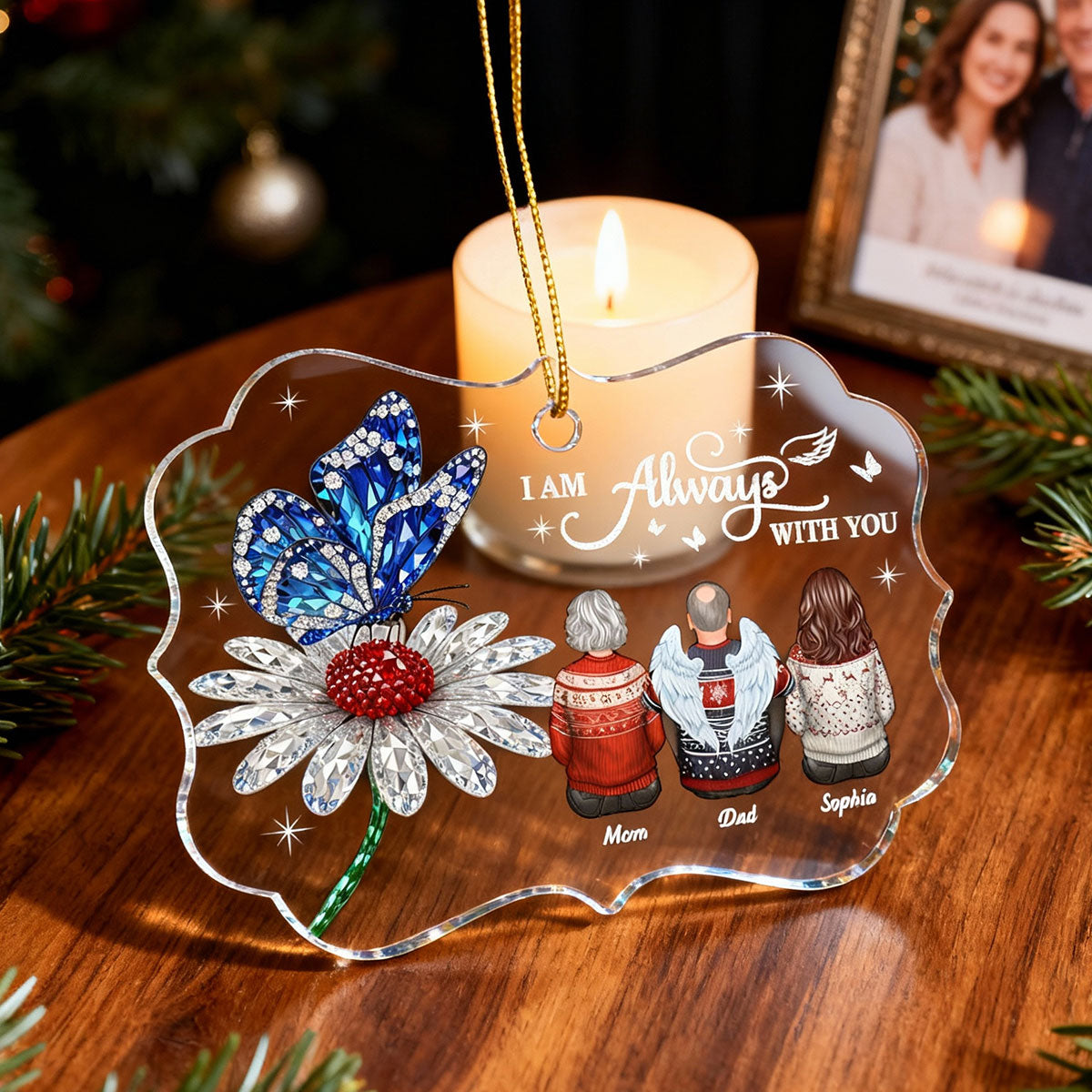 3D Crystal Effect Daisy Butterfly Always With You Family Memorial - Personalized Acrylic Ornament - Remembrance Gift, Sympathy Gift