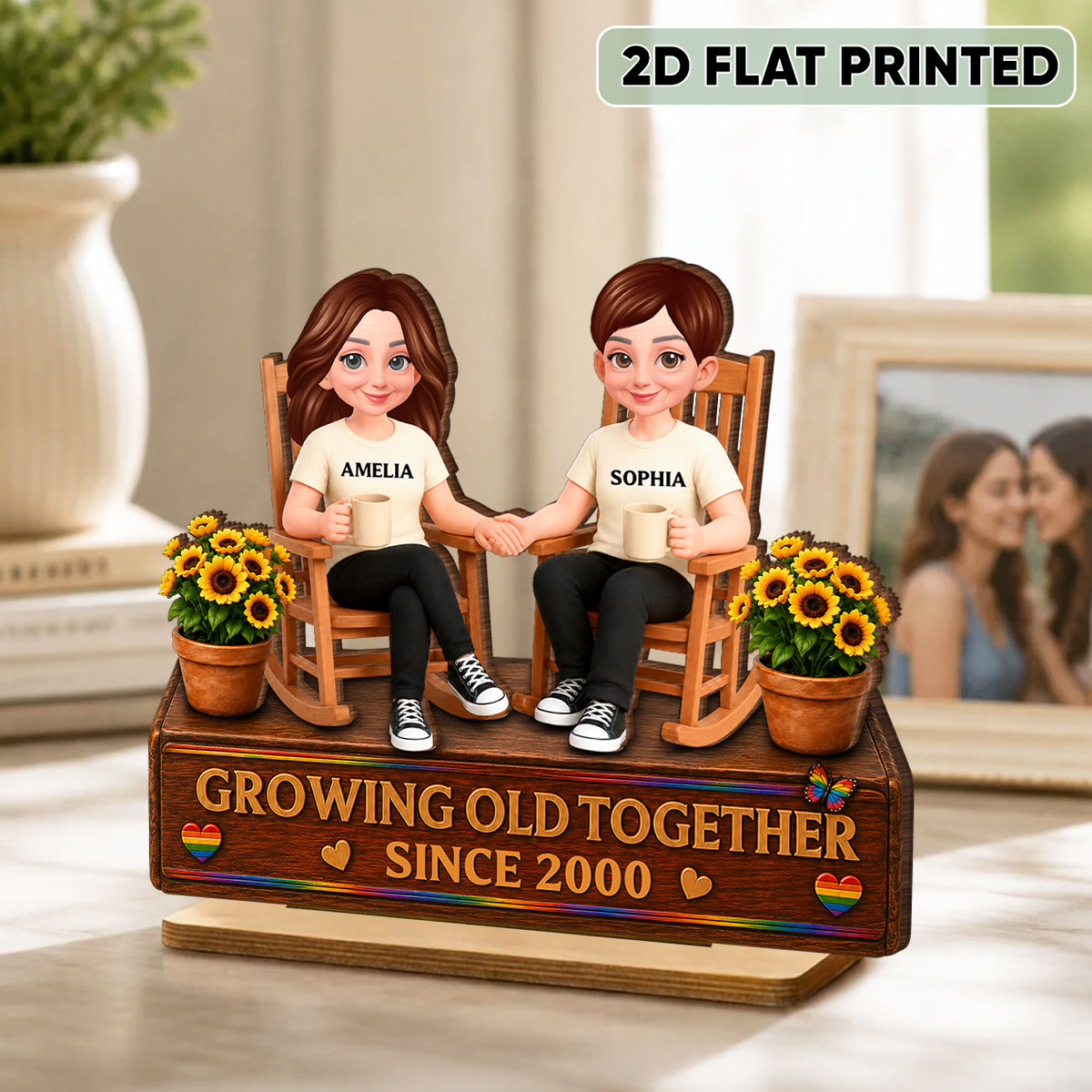 LGBT+ Couple Sitting On Garden - Personalized 2-Layered Wooden Plaque - Gift For Couple, Happy Pride Month