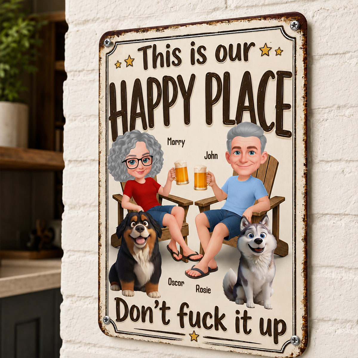 This is Our Happy Place Couple and Dogs - Personalized Metal Sign - Funny Vintage Sign for Couple