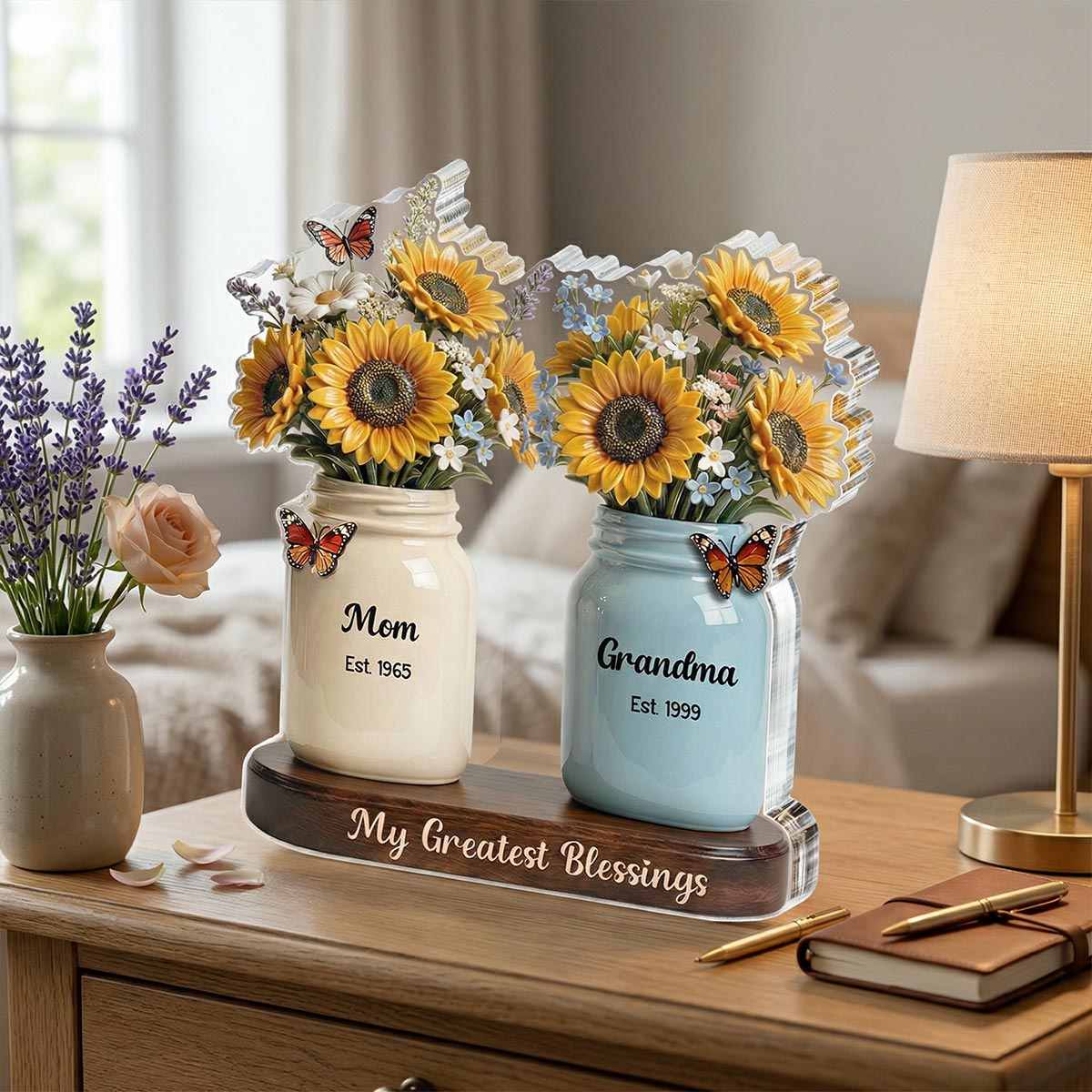 Mom Grandma Great Grandma Sunflowers Jars Est. Years 2D Flat - Personalized Acrylic Block Plaque