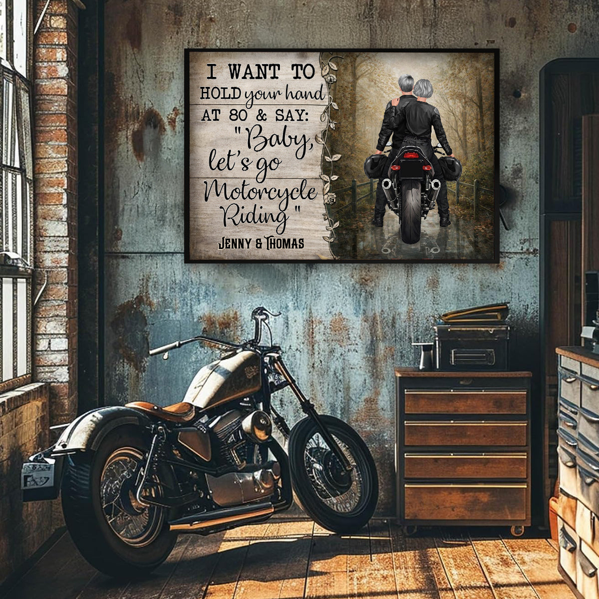 Hold Your Hand at 80s and Go Motorcyle Riding Biker Couples - Personalized Poster - Anniversary Gift for him, for her