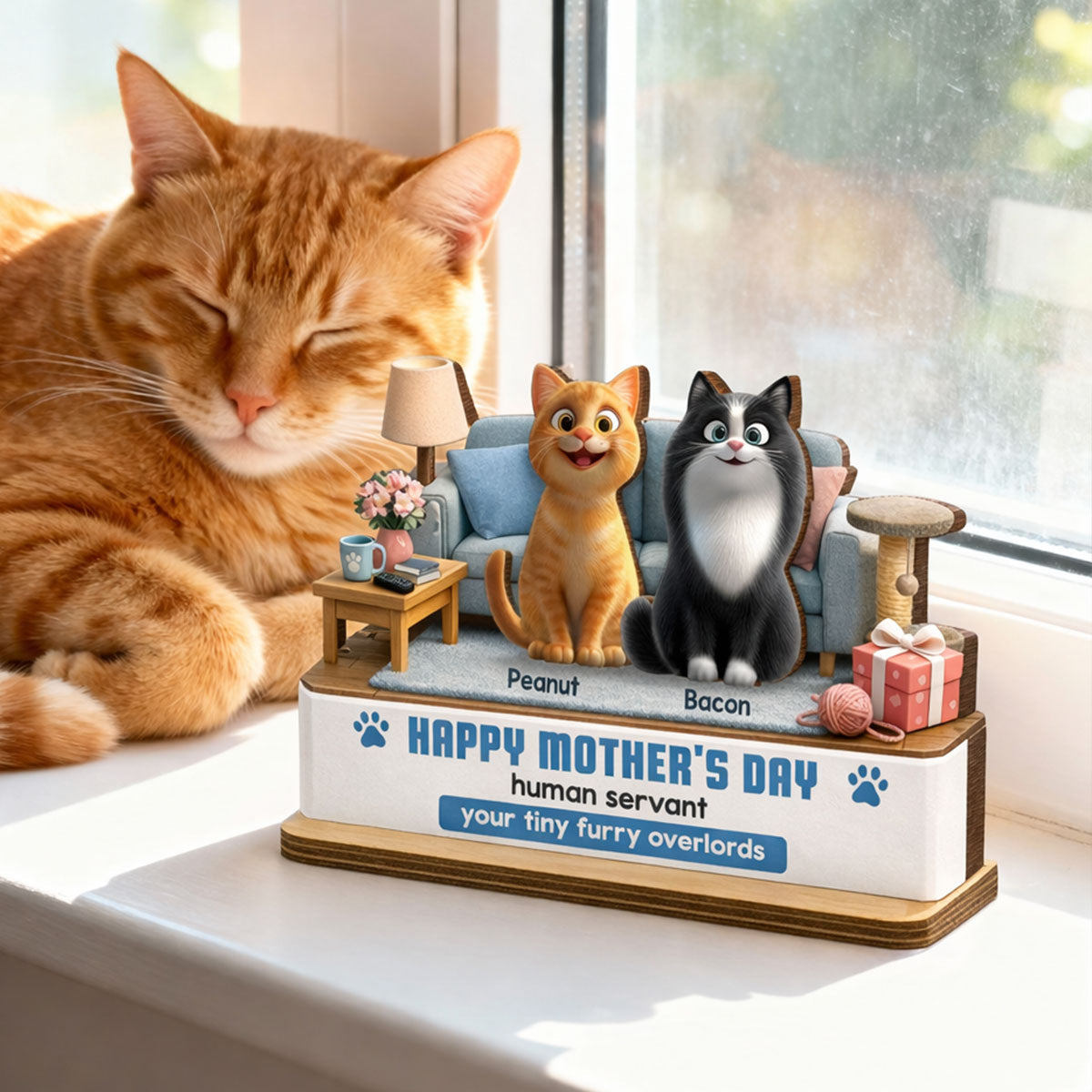 Happy Mother's Day Human Servant - Personalized 2-Layered Wooden Plaque - Funny Gift for Cat Moms