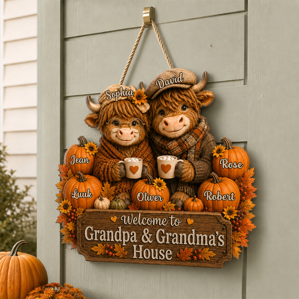 Welcome To Grandpa Grandpa's House Highland Cow - Personalized Wood Sign - Fall Season Decor Gift, Gift For Grandma, Grandpa