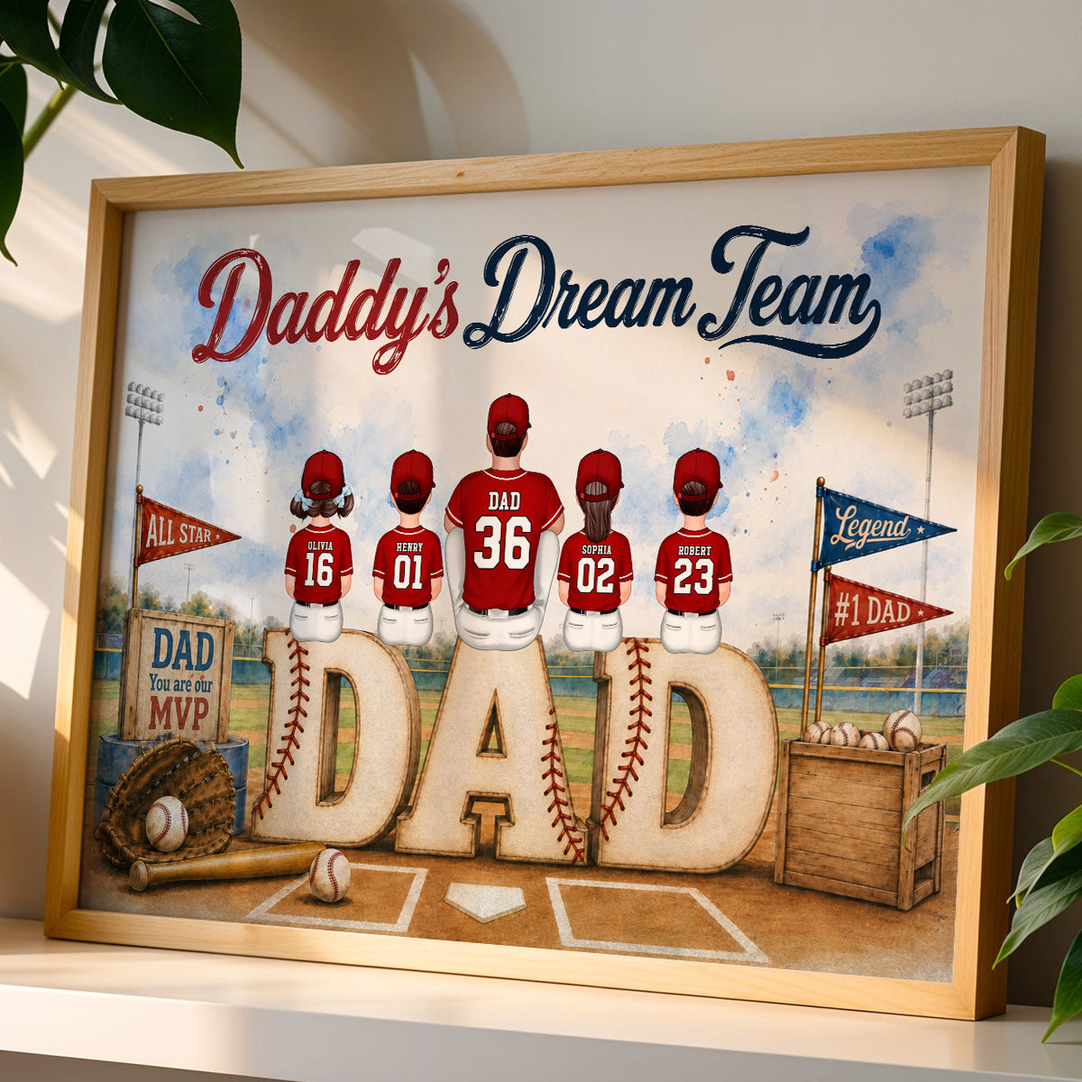Watercolor Style Baseball Family Daddy's Dream Team - Personalized Poster - Father's Day Gift For Dad, Husband