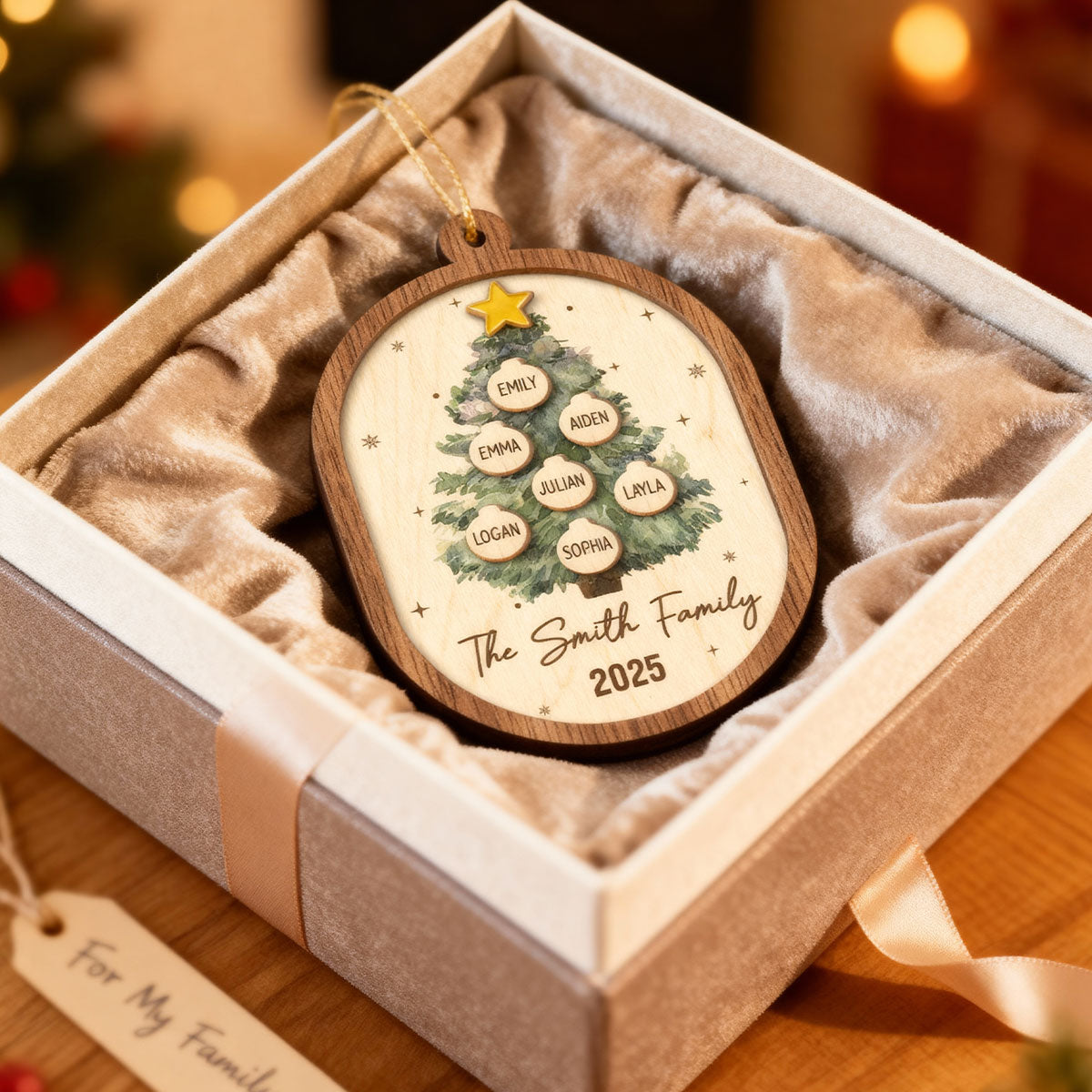 Rustic Watercolor Christmas Tree Family Names - Personalized 2-Layered Wooden Ornament