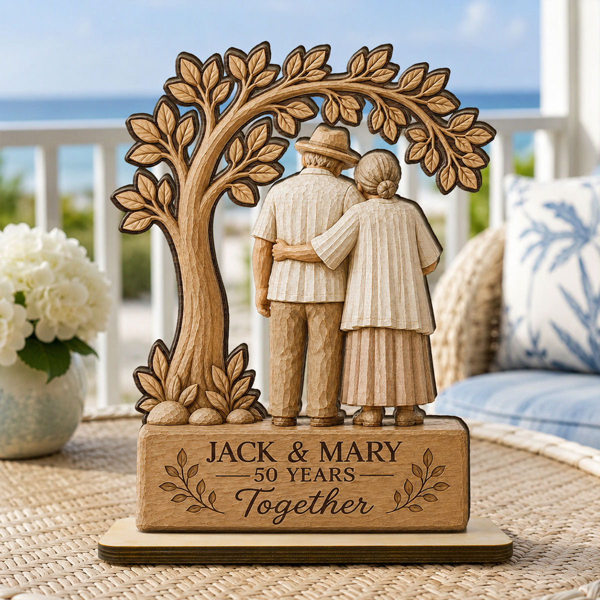 Rustic Old Couple Walking Anniversary Gift - Personalized 2-Layered Wooden Plaque - Wedding Year Decor
