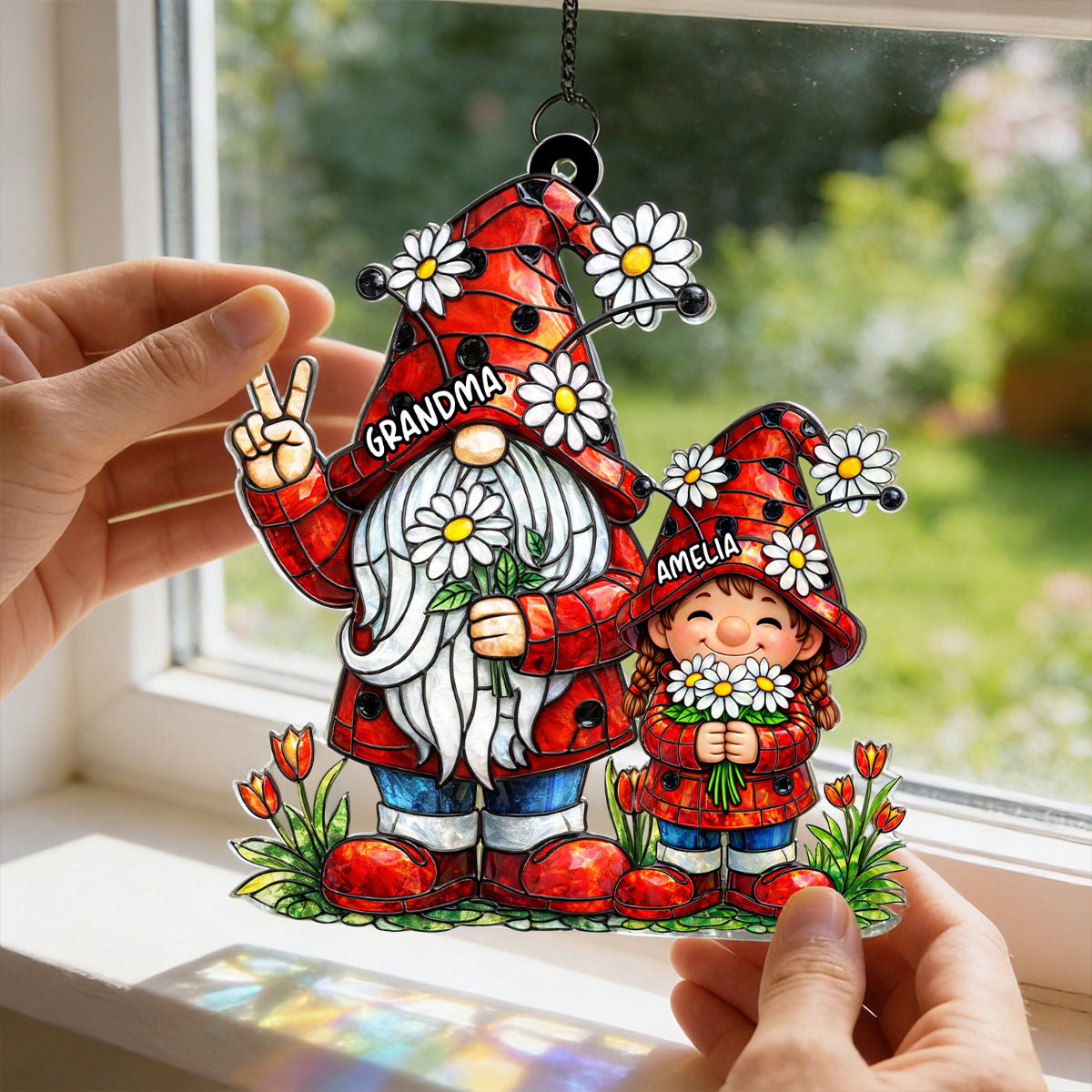 Grandma Grandkids Gnome Daisy Flowers - Personalized Suncatcher - Gift For Grandma
