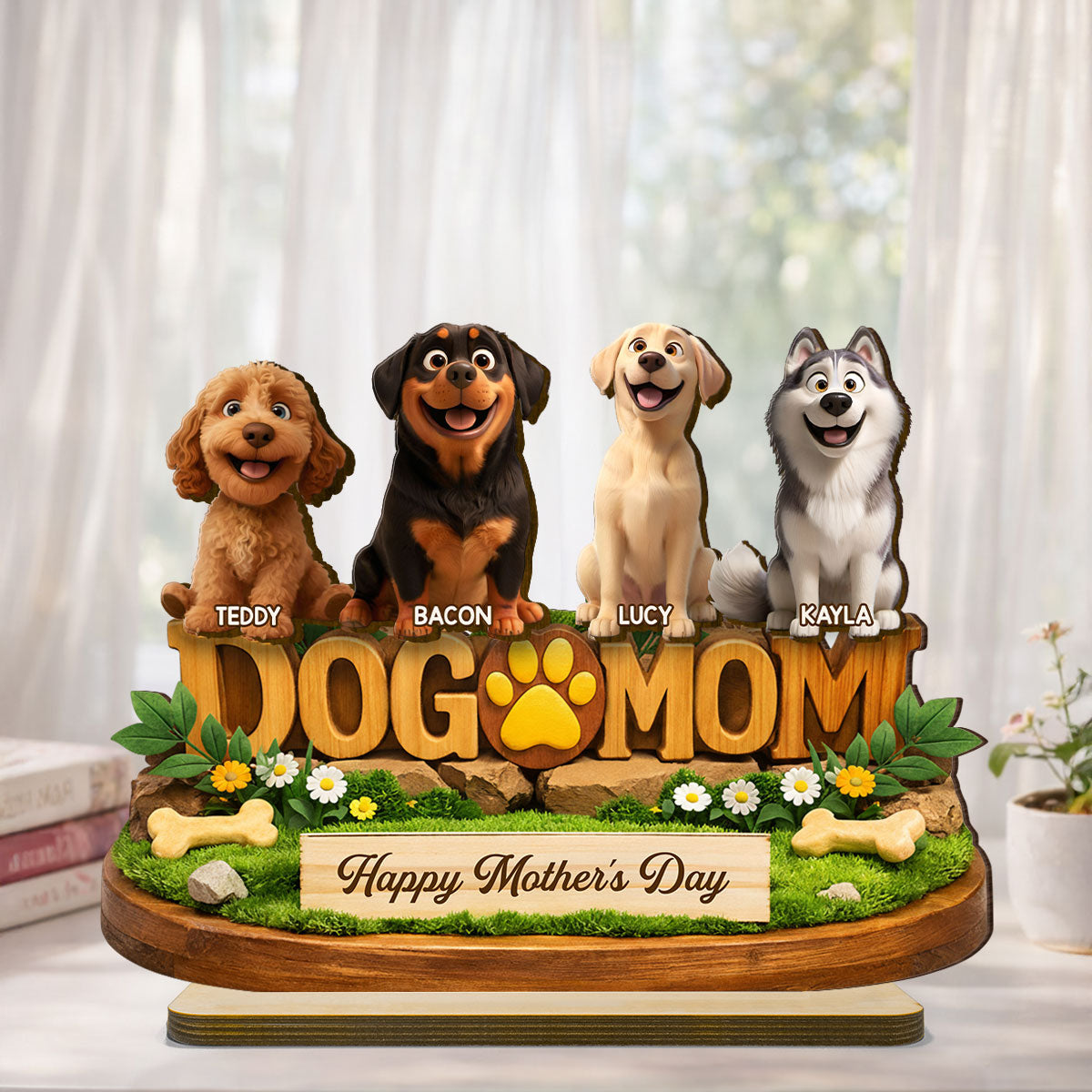 Happy Mother's Day Dog Mom - Personalized 2-Layered Wooden Plaque - Gift for Dog Lovers
