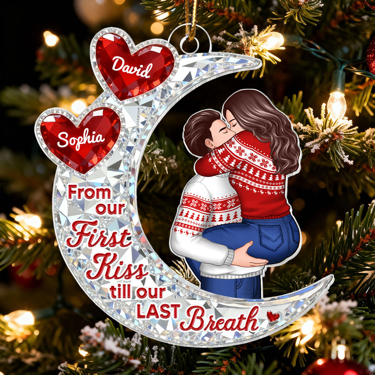 3D Effect Flat Moon Couple Hugging Kissing - Personalized Acrylic Ornament - Gift For Couple, Gift For Him, For Her