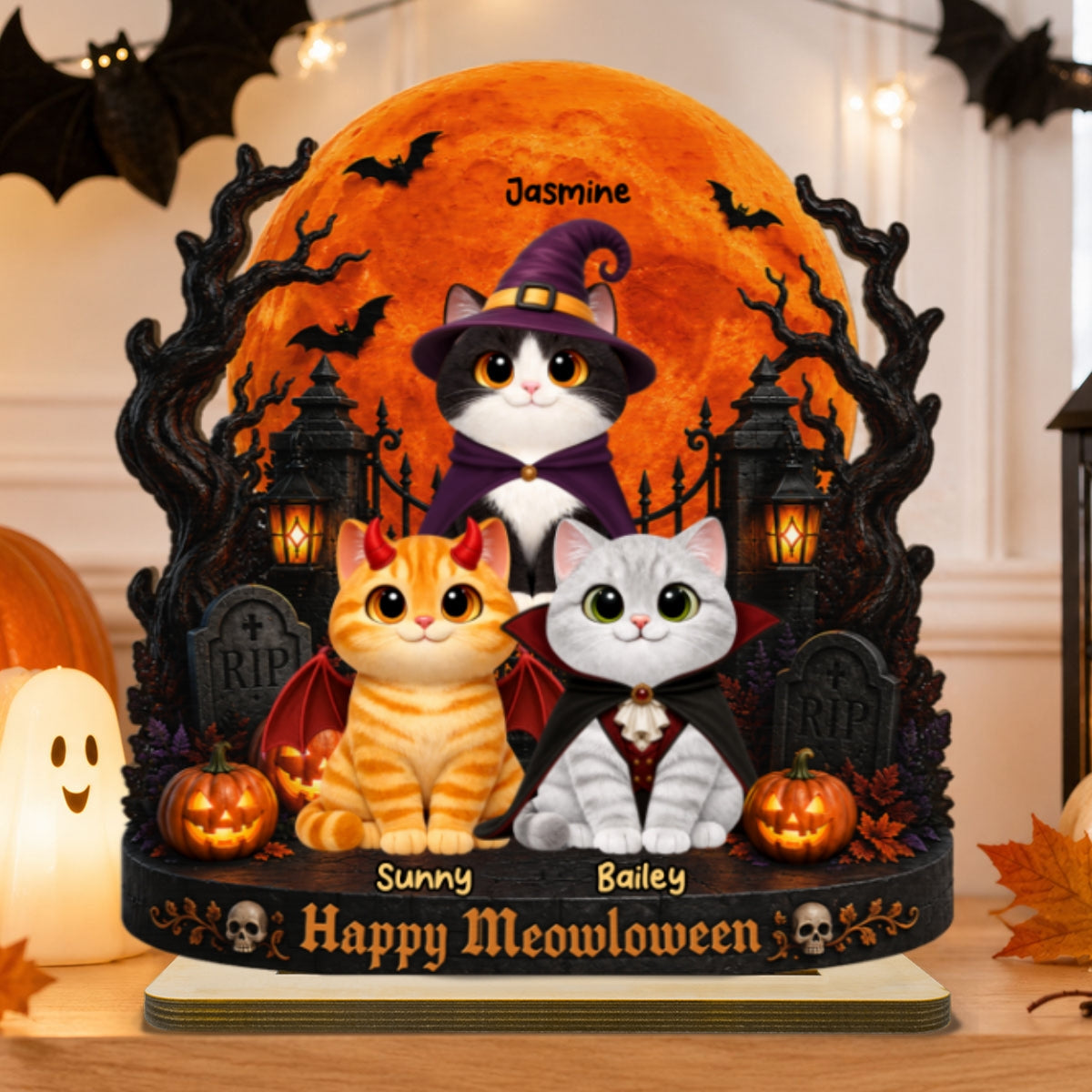 Spooky Halloween Cats Under Moonlight - Personalized 2-Layered Wooden Plaque - Halloween Decor For Cat Lovers