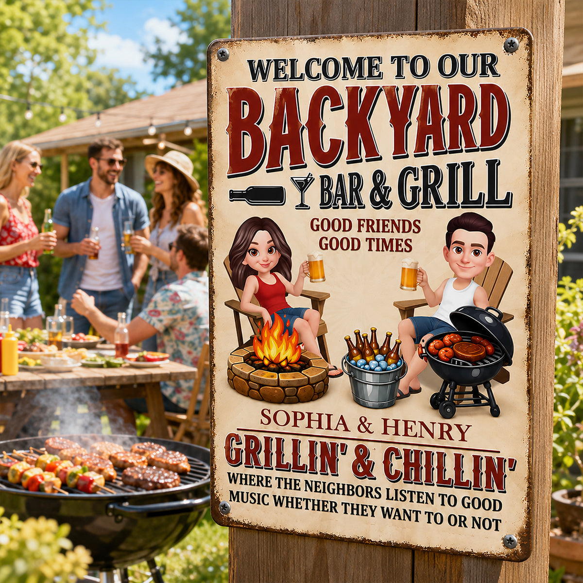 Welcome To Our Backyard Bar & Grill - Personalized Metal Sign - Gift For Couple, Family, Summer Decorations