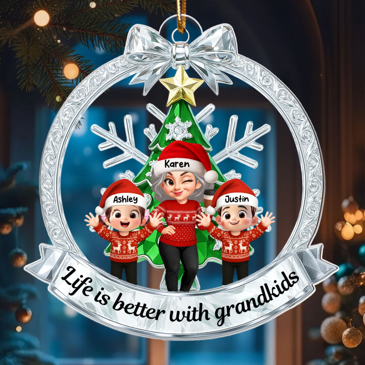 Grandma Grandkids Sitting on Christmas Wreath Metallic Effect - Personalized Acrylic Ornament - Christmas Gift for Grandma
