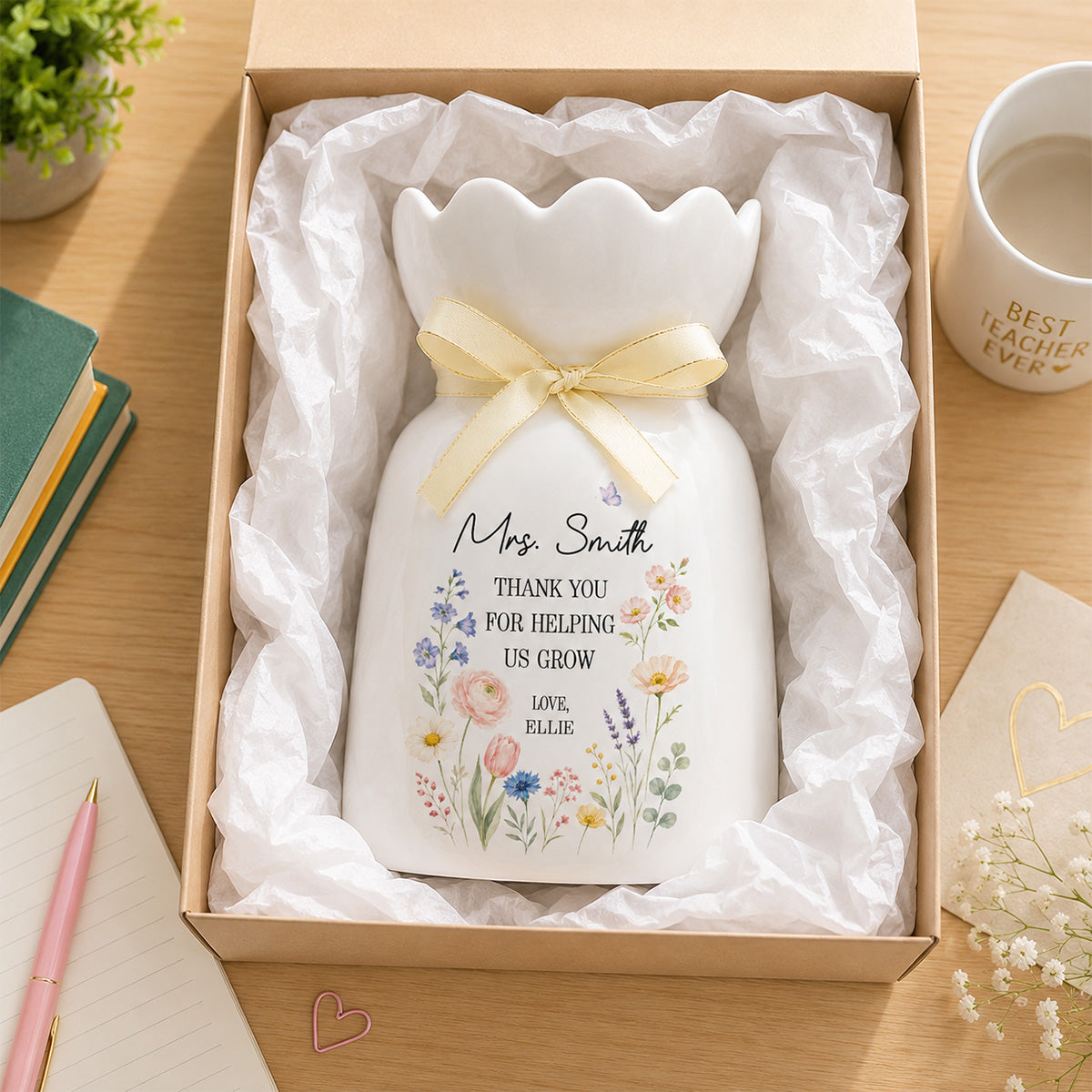 Thank You For Helping Us Grow - Personalized Ceramic Flower Vase - Teacher Appreciation Gift