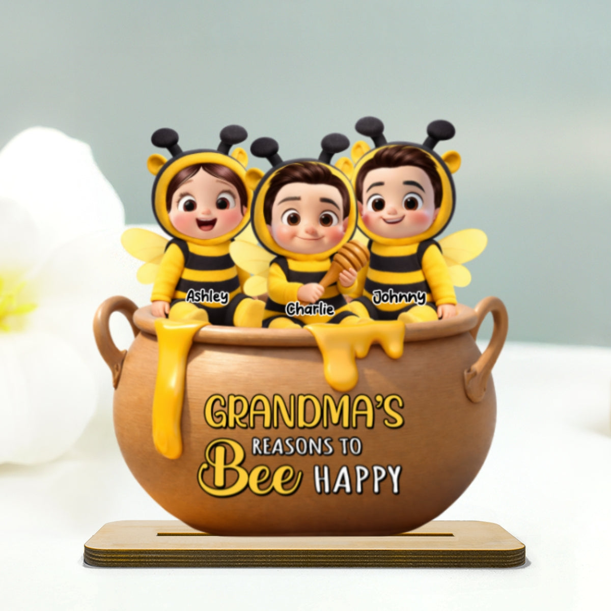 Grandma's Reasons to Bee Happy - Personalized 2-Layered Wooden Plaque - Heartfelt Mother's Day Gift for Grandma