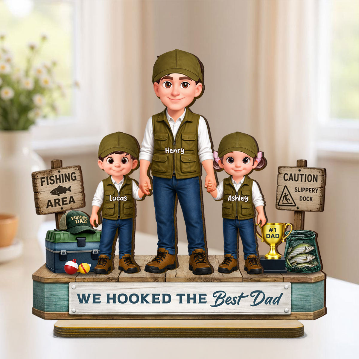 Fishing Dad And Kids We Hooked The Best Dad - Personalized 2-Layered Wooden Plaque - Heartfelt Gift For Dad, Gift For Husband