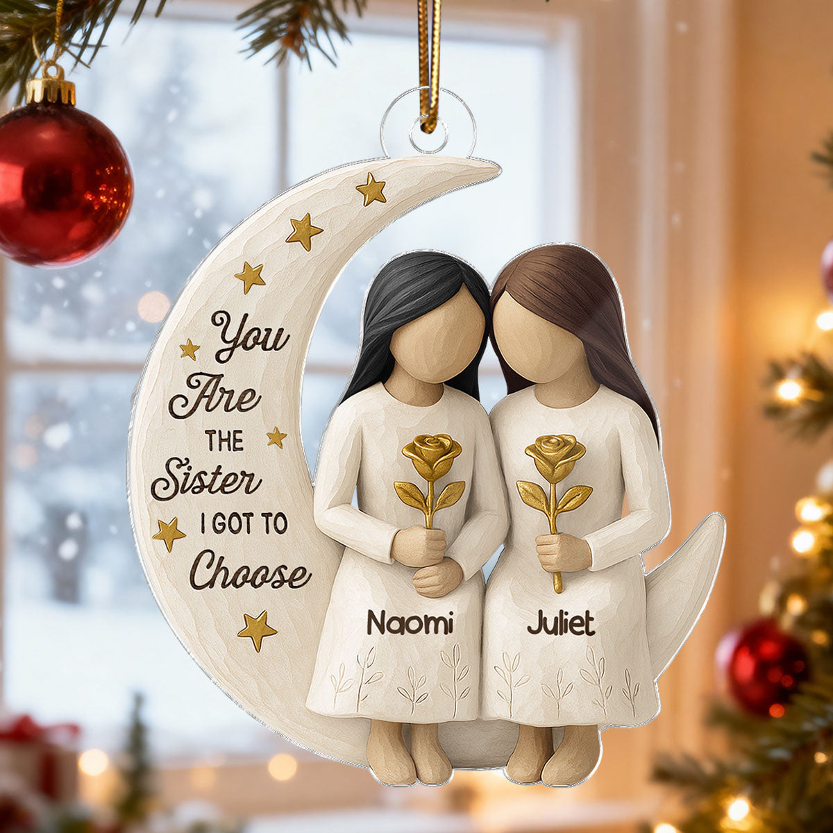 3D Effect Wooden Texture Stars Besties On Moon - Personalized Acrylic Ornament - Christmas Gift For Best Friends