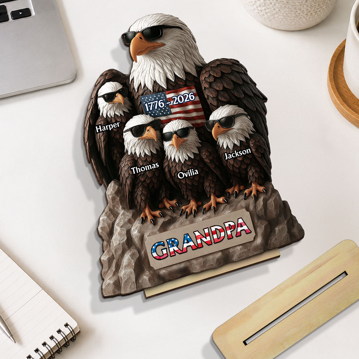 America 250th Anniversary Patriotic Eagle Grandpa Dad & Kids - Personalized 2-Layered Wooden Plaque -  Gift, 250th Anniversary Gift, Keepsake For Grandpa, Dad