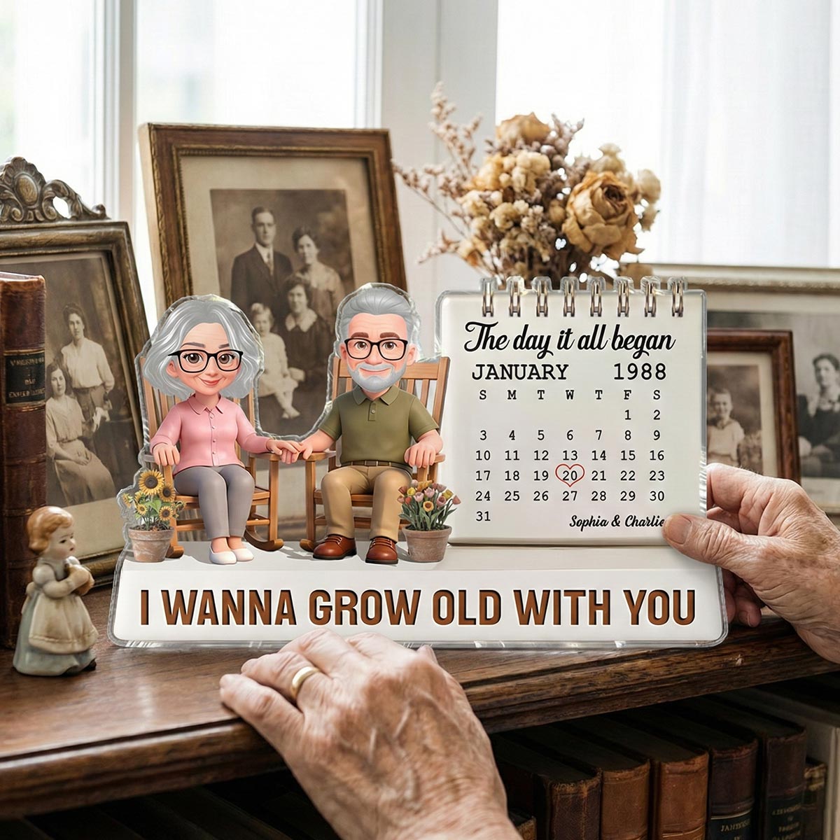 Old Couple Sitting On Rocking Chair Anniversary Date Calendar 2D Flat - Personalized Acrylic Block Plaque