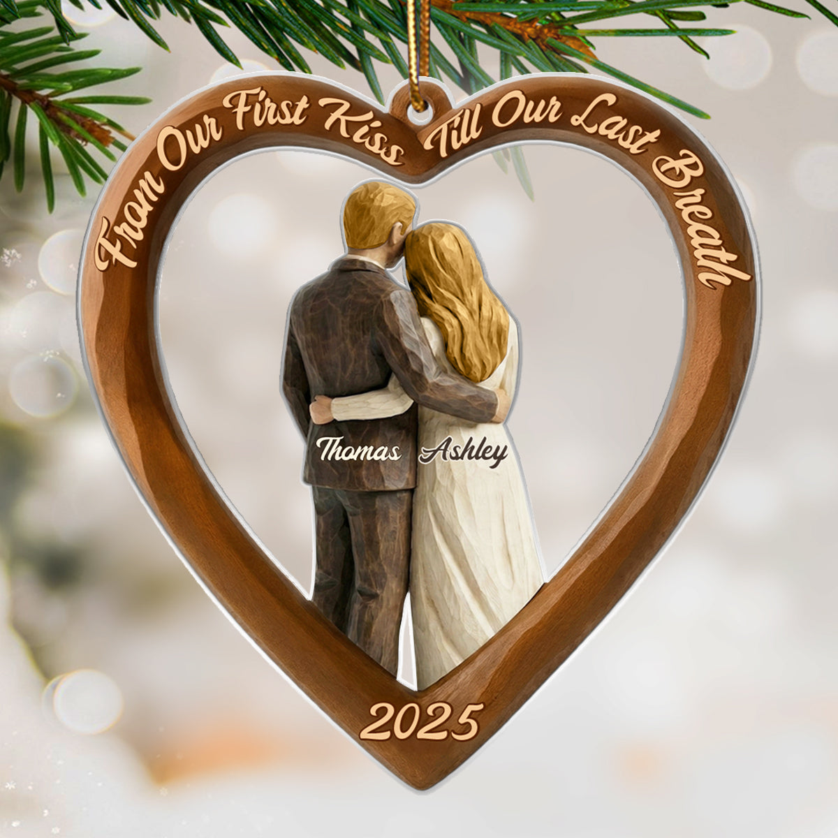Couple Heart Christmas Faux Wood - Personalized Acrylic Ornament - Unique Christmas Gift For Grandma, Grandpa, Old Couple