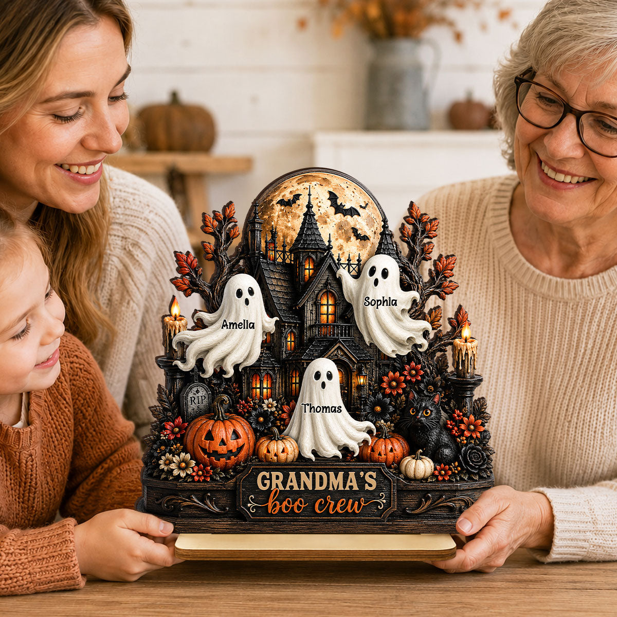 Grandma's Boo Crew - Personalized 2-Layered Wooden Plaque - Halloween Decor for Grandma