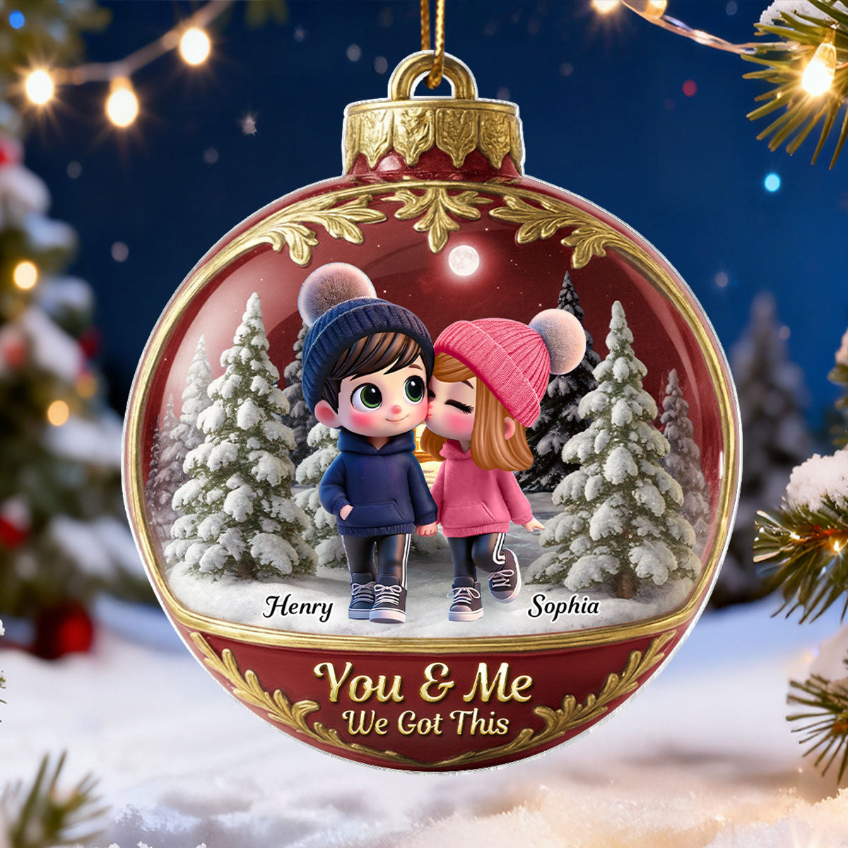 3D Effect Snow Globe Cartoon Couple - Personalized Acrylic Ornament - Christmas Gift for him, Gift for her