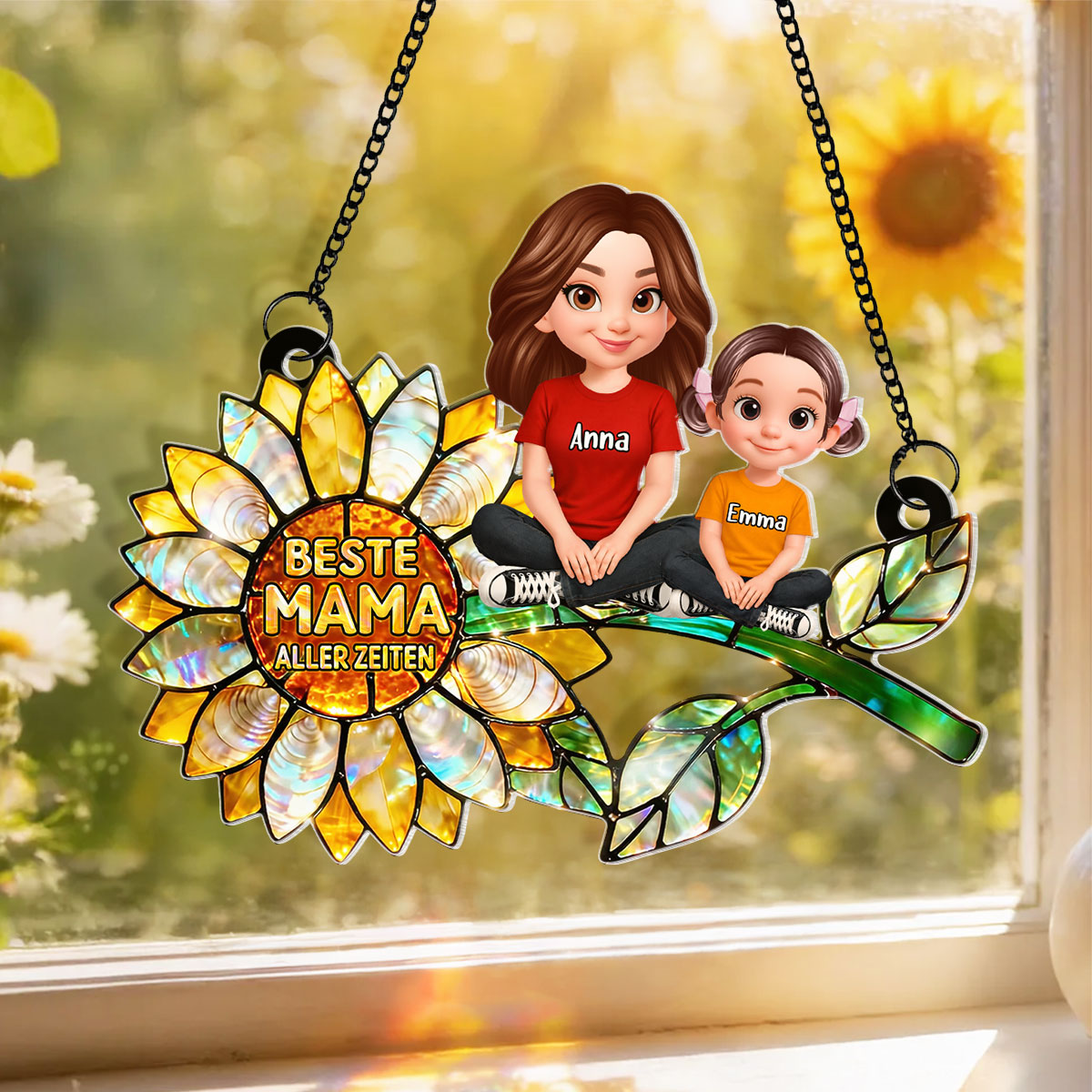 Sonnenblumen-Mama mit Kindern – Personalisierter Suncatcher fürs Fenster – Liebevolles Muttertagsgeschenk für Mama oder Ehefrau
