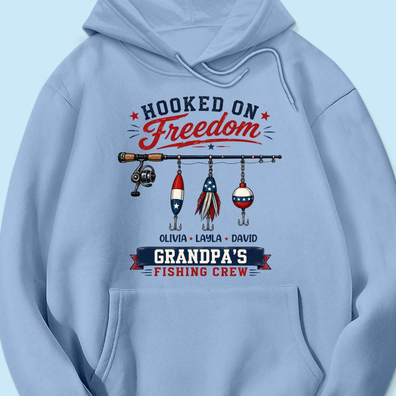 Fishing Grandpa Hooked on Freedom - Personalized Shirt - 250th Anniversary Patriot Shirt