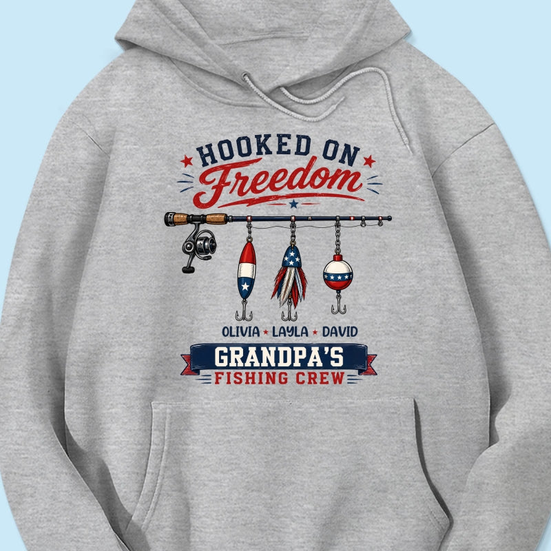 Fishing Grandpa Hooked on Freedom - Personalized Shirt - 250th Anniversary Patriot Shirt