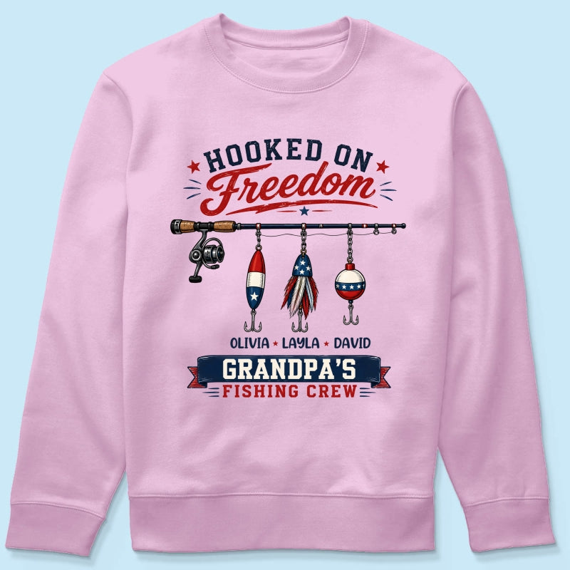 Fishing Grandpa Hooked on Freedom - Personalized Shirt - 250th Anniversary Patriot Shirt